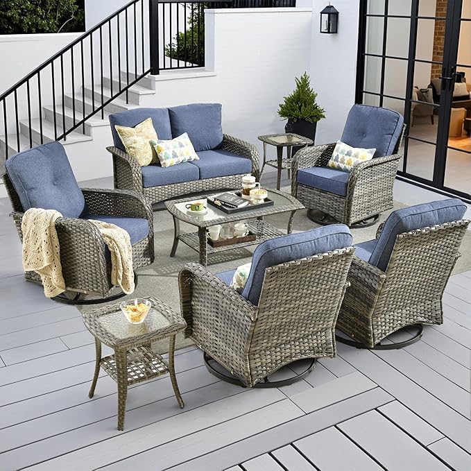 8-Piece Wicker Patio Furniture Set, All-Weather Rattan Conversation Bistro Loveseat Chair and Patio Rockers Set for Backyard, Balcony and Deck with Soft Cushions and Metal Table(Blue)