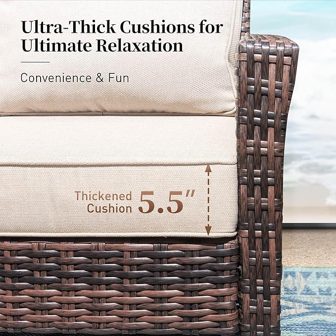 4 Pieces Patio Furniture Set with Swivel Chairs, High Back Wicker Rattan Sofa with Extra Thick Cushion and Coffee Table, Outdoor Conversation Set for Garden Backyard Deck,Beige