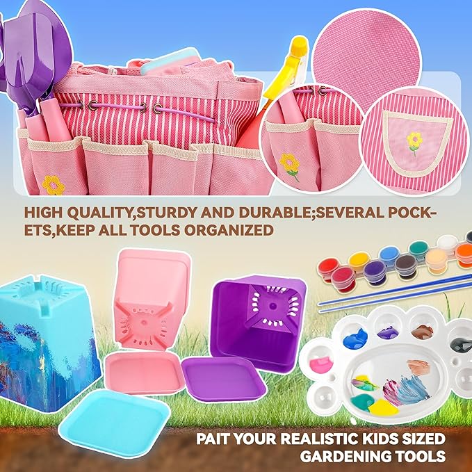 SMILESSKIDDO Kids Gardening Set - Toddler Gardening Set with Shovel Rake Trowel, Apron Tote Bag Watering Can for Kids Gardening Tools - Ideal Kids Gardening Tools Gift for Boys and Girls(Pink)
