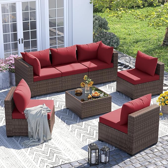 UDPATIO Patio Furniture Set, 7 Piece Outdoor Sectional Sofas with Wicker Coffee Table, Outdoor Patio Conversation Set for Garden, Backyard Wine