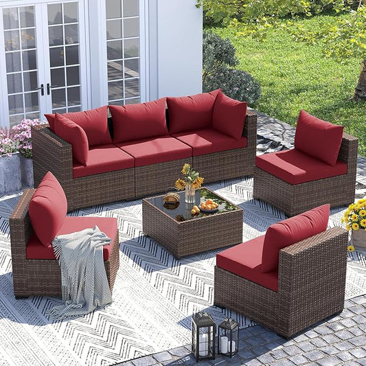 UDPATIO Patio Furniture Set, 7 Piece Outdoor Sectional Sofas with Wicker Coffee Table, Outdoor Patio Conversation Set for Garden, Backyard Wine