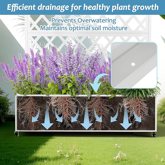 Metal Planter Box with Trellis & Wheels, Raised Garden Bed with Privacy Screen, Outdoor Standing Flower Beds with Drainage Hole for Climbing Plants, Vine, 47.2''L×15.7''W×70.9''H, White