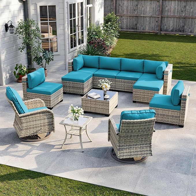 12-Piece Patio Furniture Set, Outdoor Patio Furniture with Swivel Chairs Set, Ottomans, Modular Patio Sofa, Dual-Strand Wicker Rattan, Rust-Resistant Frame, Lake Blue