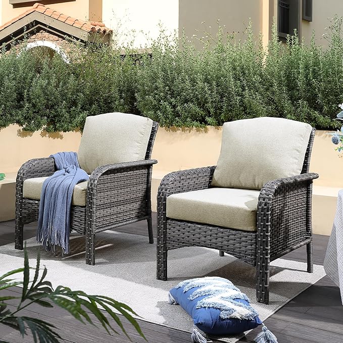 2 Pack Wicker Patio Furniture Chairs,Outdoor Rattan Chairs with Armrest Support 250 lb,Beige