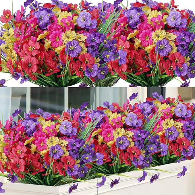 16pcs Outdoor Artificial Flowers UV Resistant Fake Flowers Bulk Artificial Flowers for Decoration Faux Silk Flowers for Garden Porch Window Box Hanging Planter Decorating