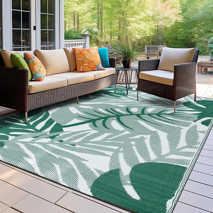 Rugshop Tropical Leaf Reversible Crease-Free Waterproof Premium Recycled Plastic Outdoor Rugs for Patio,Backyard,RV,Deck,Picnic,Trailer,Beach,Camping,Sunroom Green 7'10" x 10'
