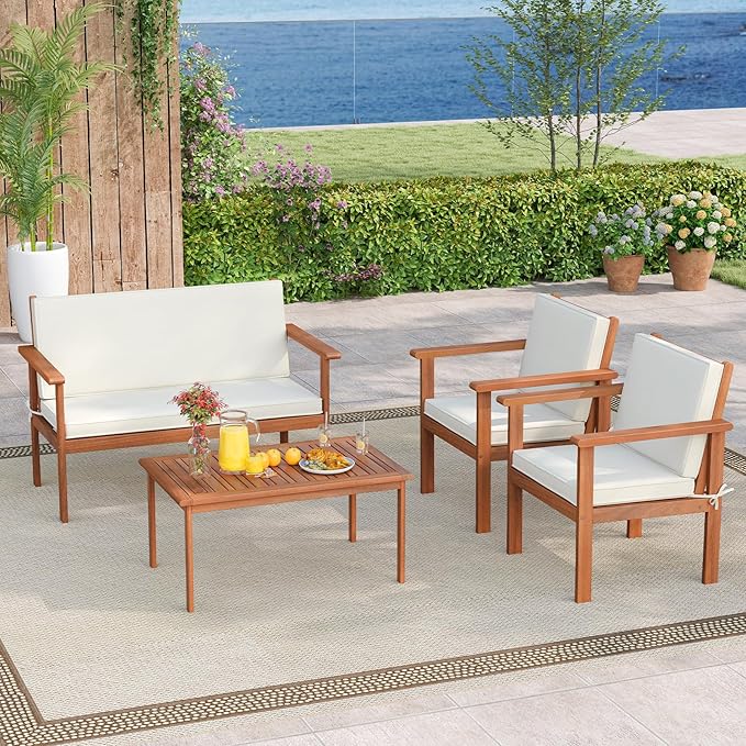 Tangkula Acacia Wood Patio Conversation Set, Outdoor Wooden Cushioned Chairs & Slatted Coffee Table Set,for Backyard, Porch, Balcony, Poolside and Lawn (Off White,1)