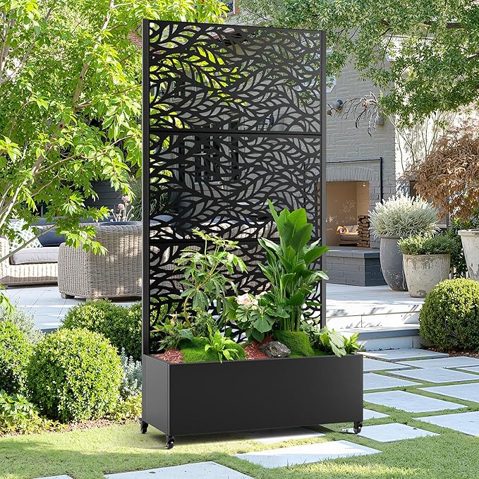 15.7"×70.9"×35.4" Metal Raised Garden Bed with Trellis and Wheels - Tall Trellis Planter Box for Climbing Plants, Vegetables & Vines - Outdoor Privacy Planters for Patio (Black-Spring)