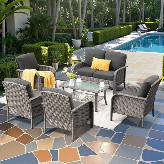 6-Piece Wicker Patio Furniture Set, All-Weather Rattan Conversation Bistro Loveseat Chair and Table Set for Backyard, Balcony and Deck with Soft Cushions and Metal Table(Black)