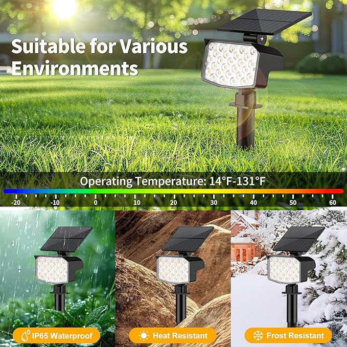 Solar Spot Lights Outdoor Waterproof Adjustable Solar Powered Landscape Lights for Yard 3 Long Time Lighting Modes Spotlights for Pathway Garden Outside Wall Pool Porch- 2 Pack, Warm White