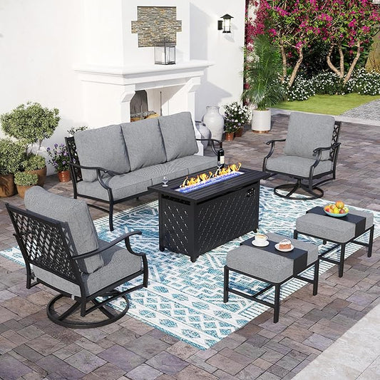6 Piece Metal Outdoor Patio Furniture Set with Firepit Table, Patio Conversation Set 1 3-seater Sofa, 2 Swivel Chair, 2 Ottoman with 5.75" Thick Cushion, Black Backyard Furniture, Gray
