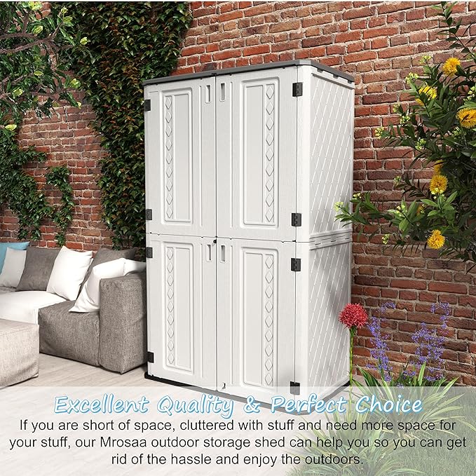 Vertical Resin Storage Shed, 52 Cubic Feet Outdoor Storage Cabinet Waterproof for Garden/Backyard/Home/Pool, Customized Shelves & Lockable(Off White)