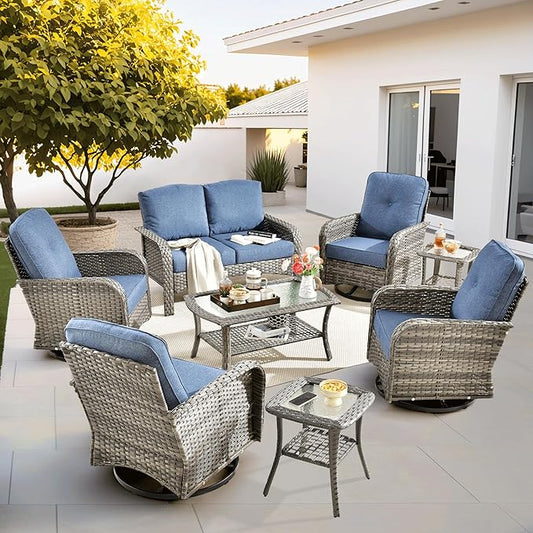 ovios 8 Pieces Patio Furniture Set, Outdoor Wicker Sofa with Swivel Chairs, Coffee Table, All Weather High Back Rattan Loveseat Couch with Comfy Cushions, Denim Blue