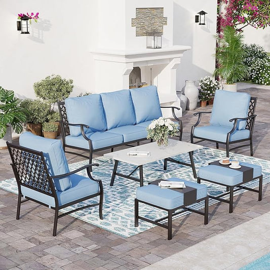 6 Piece Metal Outdoor Patio Furniture Set, Patio Conversation Sets 1 3-seater Sofa, 2 Fixed Chairs, 2 Ottomans with 5.75" Thick Cushion and Coffee Table, Black Backyard Furniture, Blue