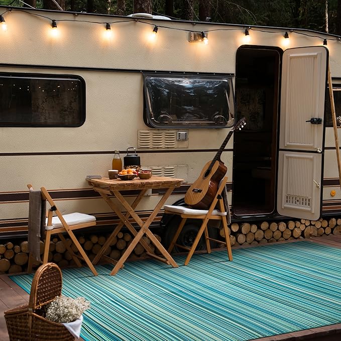 Rugshop Contemporary Stripe Reversible Foldable Waterproof Premium Recycled Plastic Outdoor Rugs for Patio,Backyard,RV,Deck,Picnic,Trailer,Beach,Camping 9' X 18' Blue