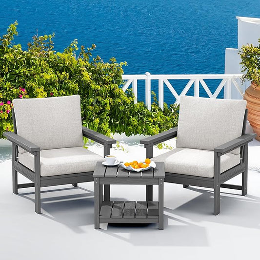 SERWALL HDPE Patio Sofa Set, 3-Piece Sectional Outdoor Furniture Set, All Weather Outdoor Couch Set Patio Furniture Set for Deck, Lawn, Grey Frame with Khaki Cushion