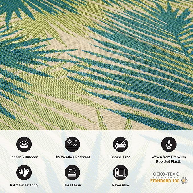 Rugshop Tropical Floral Reversible Crease-Free Waterproof Premium Recycled Plastic Outdoor Rugs for Patio,Backyard,RV,Deck,Picnic,Trailer,Beach,Camping Green 5' x 7'