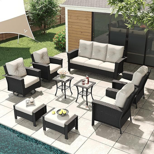 LayinSun 9 Piece Wicker Patio Furniture Set, Classis Outdoor Conversation 360 Degree Swivel Chairs Set with Coffee Table