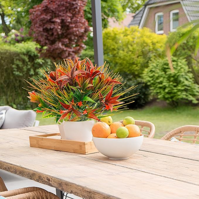 Uieke 16Pcs Outdoor Artificial Plants UV Resistant, Fake Morning Glory Flowers with Orange Grass, Tropical Flowers Fall Leaves Foliage for Garden Patio Sidewalk Décor Red