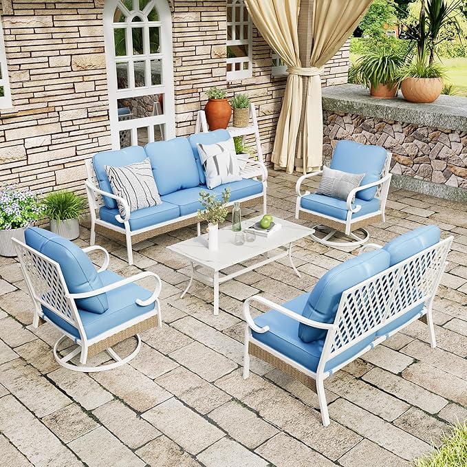 5 Piece Patio Furniture Set, 2 x Swivel Chair, 1 x 2-Seat Sofa, 1 x 3-Seat Sofa with Marbling Coffee Table, All Cushioned 7 Seats Outdoor Conversation Set for Lawn Garden Backyard, Blue