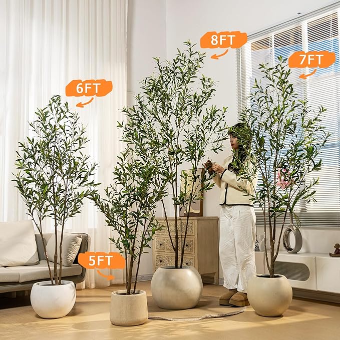 8FT Artificial Olive Tree Tall Faux Silk Plant Tall Faux Olive Tree with Natural Wood Trunk & Lifelike Fruits Fake Potted Tree or Home Office Decor