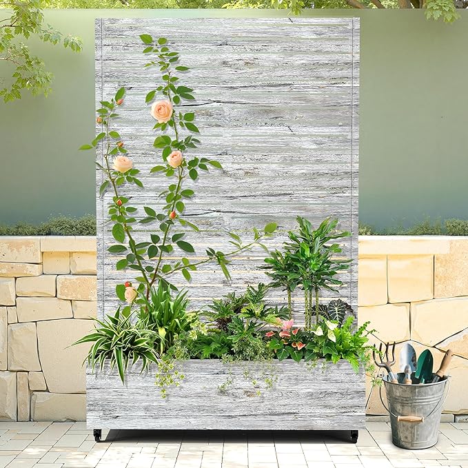 Raised Garden Bed with Trellis and Wheels,73"x47"x16" Metal Raised Garden Bed,White Wood Finish Metal Planter with Climbing Trellis for Vines & Vegetables