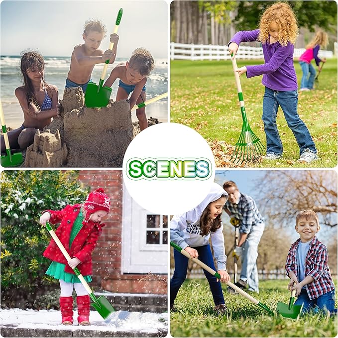 Duckura Kids Gardening Tools Set - 7pcs Wheelbarrow Set for Kids with Shovel, Rake, Leaf Rake, Summer Outdoor Yard Digging Weed Toys, Halloween Birthday Gifts for Boys Girls Age 2 3+ Years Old(Green)