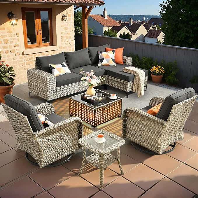 HOOOWOOO Outdoor Sectional Furniture Set,8 Pieces Wicker Patio Conversation Sets,L Shape All Weather Outside Couch Sofa Set with Swivel Chairs Solar Light Table Ottoman,Black