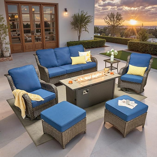 ovios 7 Pieces Patio Furniture Set, Outdoor Wicker Sofa Couch with Swivel Chairs 54" Fire Pit Table, All Weather High Back Modern Conversation Sets, Brown Rattan, Navy Blue