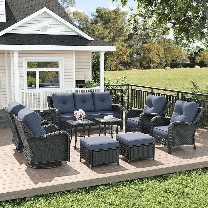 LayinSun 9 Piece Wicker Outdoor Furniture Set with 6-inch Comfy Cushions, High Back Patio Furniture Set with Swivel Rocking Chairs and Side Table