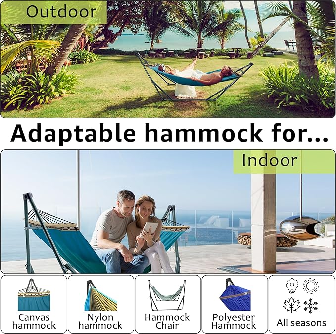 Tranquillo Hammock with Stand Heavy-Duty, Hammock Quick Fold Unfold, Steel Frame Hammock Canvas, Portable Hammock Stand Spreader Bar, 600 lbs Capacity Portable Relaxation Gear, Blue