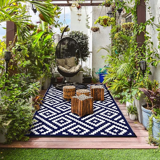 GENIMO Outdoor Rug 4x6 Waterproof, Reversible Mats, Outdoor Area Rug, Plastic Outside Carpet, Eeometric Rv Mat for Patio Camping Rv Picnic Backyard Deck Balcony Porch Beach Trailer(Navy Blue & White)