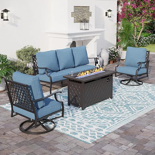 4 Piece Metal Outdoor Patio Furniture Sets with 5000 BTU Firepit Table, Patio Conversation Sets 1 3-seater Sofa, 2 Swivel Chair with 5.75" Thick Cushion, Black Backyard Furniture, Navy
