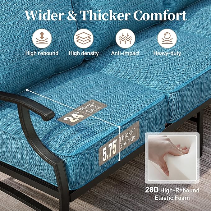 4 Piece Metal Outdoor Patio Furniture Sets with 5000 BTU Firepit Table, Patio Conversation Sets 3-seater Sofa, 2 Swivel Chair with 5.75" Thick Cushion, Black Backyard Furniture, Blue-2