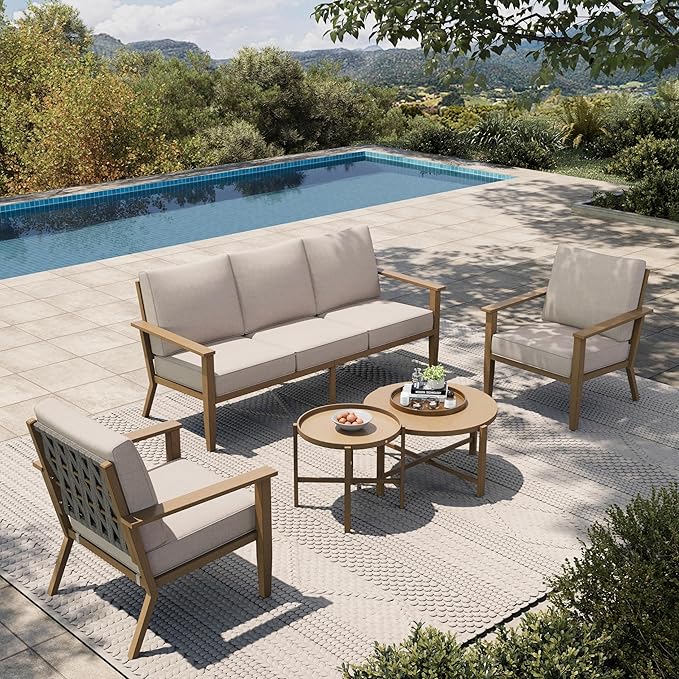 HERA'S HOUSE Patio Furniture Set 5-Piece, All-Weather Metal Outdoor Conversation Set with Wood Grain Finish, 2 x Leg Chair, 1 x 3-Seat Sofa, 2 x Multi-Functional Coffee Table for Garden Deck Backyard