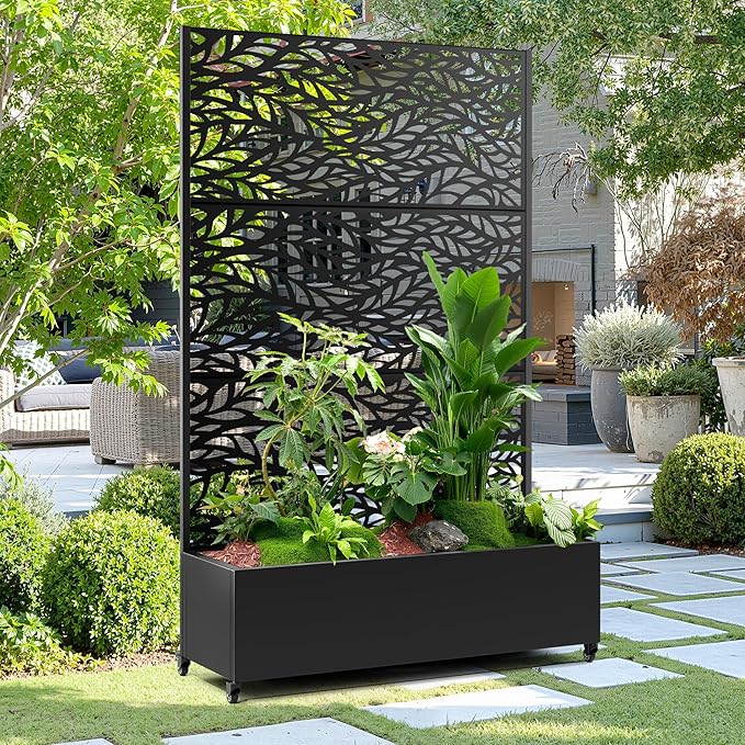 15.7"×70.9"×47.2" Metal Raised Garden Bed with Trellis and Wheels - Tall Trellis Planter Box for Climbing Plants, Vegetables & Vines - Outdoor Privacy Planters for Patio (Black-Spring)