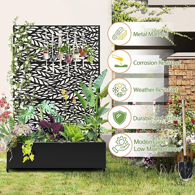 Raised Garden Bed with Trellis and Wheels,73"x47"x16" Metal Raised Garden Bed,Black Flowing Leaf Metal Planter with Climbing Trellis for Vines & Vegetables