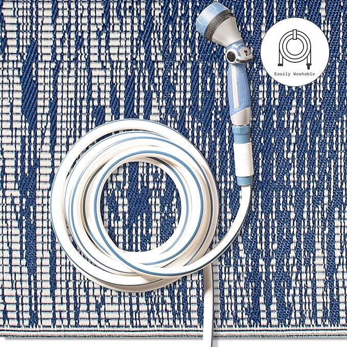 Fab Habitat Abstract Distressed Stripes Outdoor Rug - Waterproof, Fade Resistant, Crease-Free, Reversible - Premium Recycled Plastic - Patio Porch Balcony Deck - Brooklyn Blue - 8x10 ft