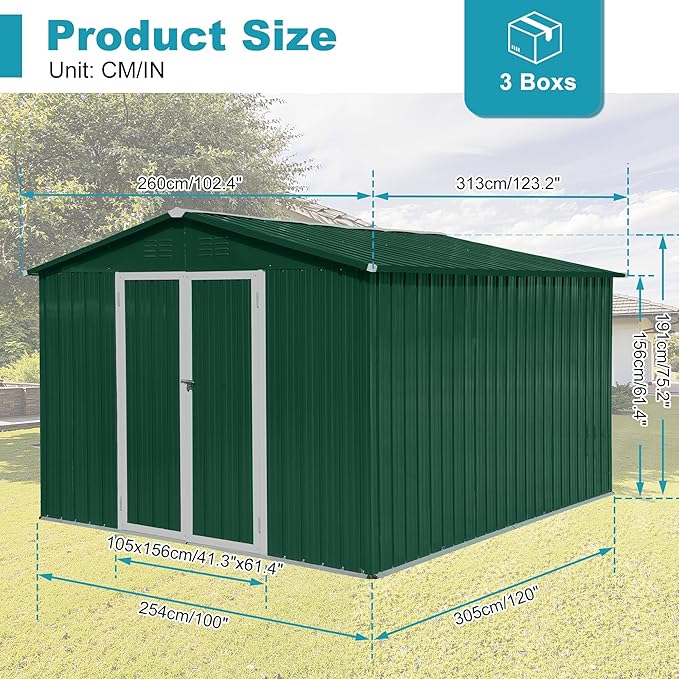 Sheds & Outdoor Storage 8 ft × 10 ft Storage Shed Large Classic Apex Roof Metal Garden Storage Sheds with Hinged Door Tool Cabinet for Backyard, Patio, Poolside, Green