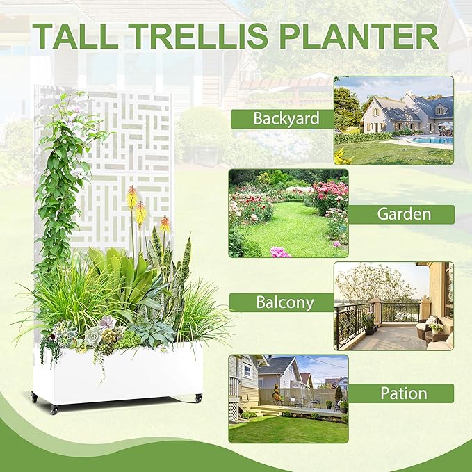 Raised Garden Bed with Trellis and Wheels,73"x35"x16" Metal Raised Garden Bed,White Modern Metal Planter with Climbing Trellis for Vines & Vegetables