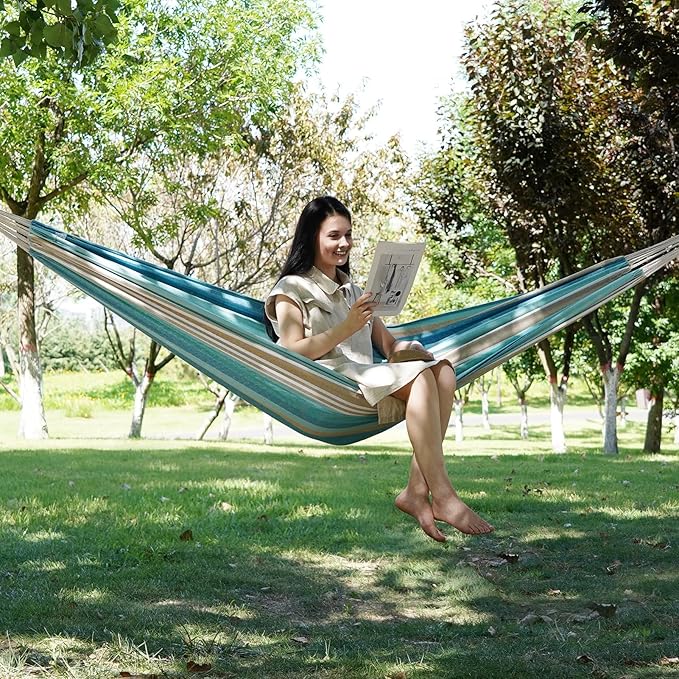 INNO STAGE 2 Persons Hammock with Tree Straps - Brazilian Double Hammock, Portable Hanging Camping Bed for Patio, Backyard, Porch, Outdoor and Indoor Use Soft Cotton Carrying Bag, Blue, XX-Large