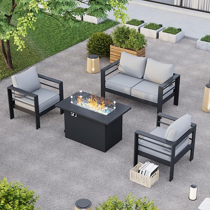 Aluminum Patio Furniture with Fire Pit Table, 5 Piece Outdoor Set, Waterproof Covers for Backyard Garden (Dark Grey & Light Grey)
