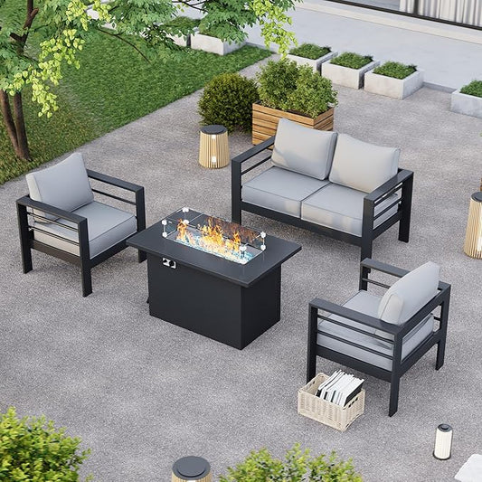 Aluminum Patio Furniture with Fire Pit Table, 5 Piece Outdoor Set, Waterproof Covers for Backyard Garden (Dark Grey & Light Grey)