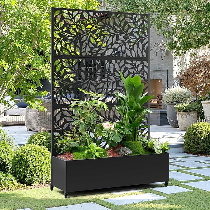 15.7"×70.9"×47.2" Metal Raised Garden Bed with Trellis and Wheels - Tall Trellis Planter Box for Climbing Plants, Vegetables & Vines - Outdoor Privacy Planters for Patio (Black)
