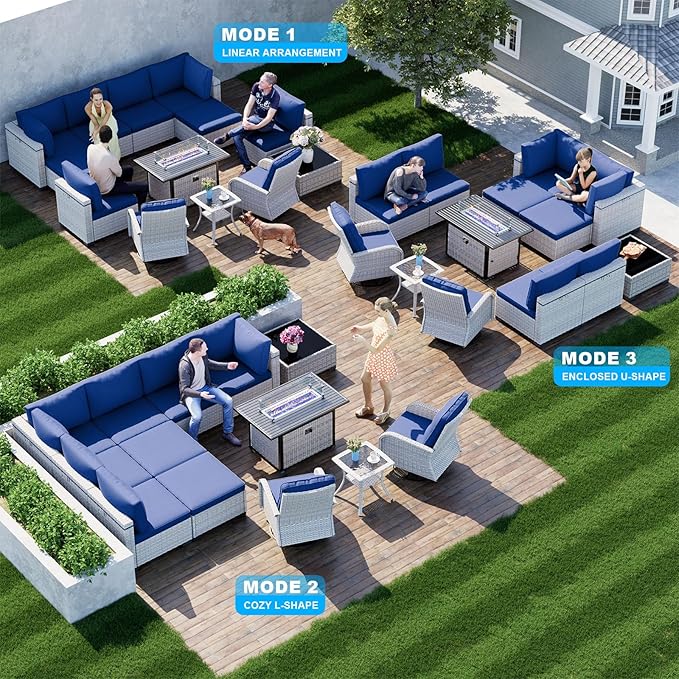 13-Piece Patio Furniture Set, Outdoor Patio Furniture with Swivel Chairs Set, Ottomans, 55,000 BTU Fire Pit Table, Modular Patio Sofa, Dual-Strand Wicker Rattan, Rust-Resistant Frame, Navy Blue