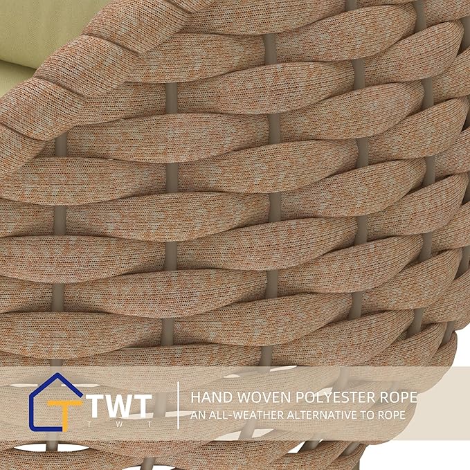 TWT 3 Pieces Aluminum Patio Furniture Set Quick Drying Textilene Rope Outdoor Sofa Set w/Washable Cushion and Rock Slab Tabletop, Conversation Furniture for Livingroom Poolside Balcony (Khaki)