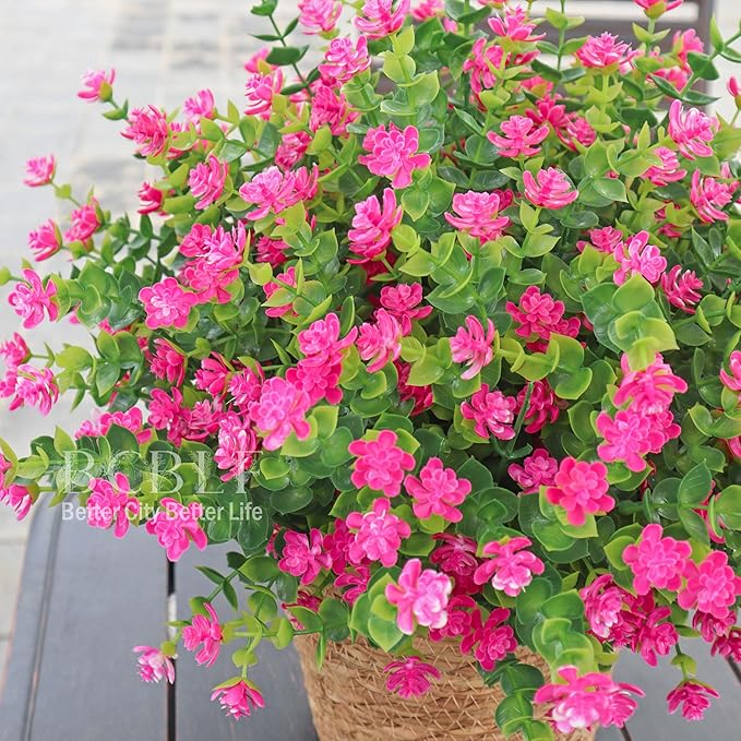 Artificial Flowers for Outdoors, 12 Bundles UV Resistant Realistic Faux Plants for Outside Porch Planter, Spring Summer Home Garden Decoration, Pink