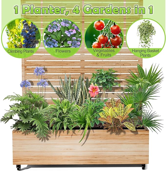 15.7"×70.9"×47.2" Metal Raised Garden Bed with Trellis and Wheels - Tall Trellis Planter Box for Climbing Plants, Vegetables & Vines - Outdoor Privacy Planters for Patio (Acacia Wood Grain-Louvered)