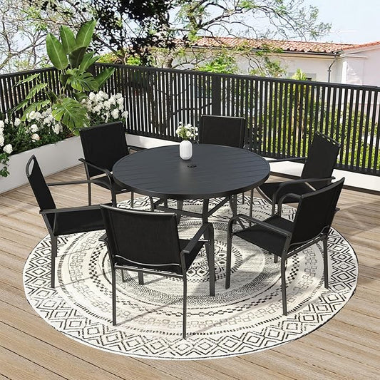 7-Piece Outdoor Dining Set, 48'' Round Table with 6 Stackable Chairs All Weather Furniture Set - Black