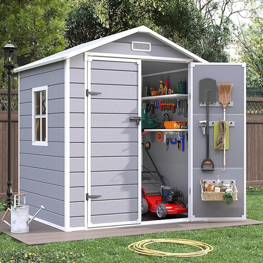 Outdoor Storage Sheds with Floor, 6x4.5 FT Resin Garden Shed with Lockable Door, Window, Waterproof, Plastic Tool Storage for Bike, Garbage Can, Grey White